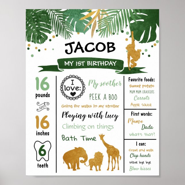 Safari Animals Wild One First Birthday Milestones Poster (Front)