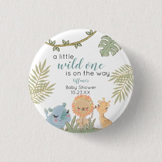  Safari Animals Wild One Girl Baby Shower Button (Front)