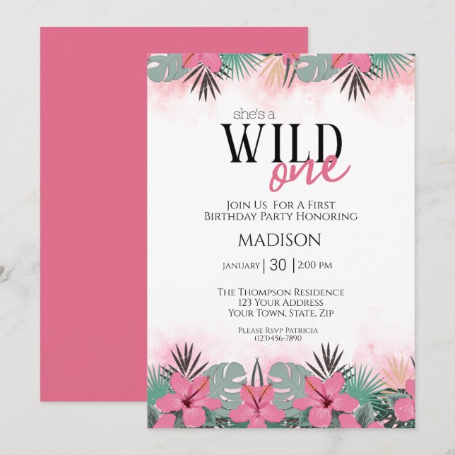 Safari Animals Wild One Girls First Birthday   Invitation (Front/Back)