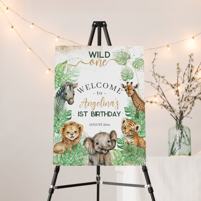 Safari animals Wild One greenery 1st Birthday Foam Board (In Situ (Stand))