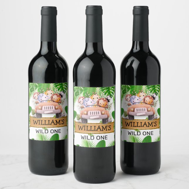 Safari Animals Wild One JUNGLE Birthday Wine Label (Bottles)