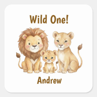 Safari Animals Wild One Personalized Name Square Sticker