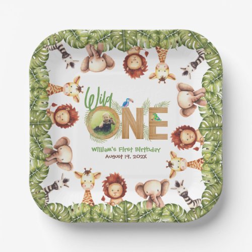 Safari Animals Wild One Photo First Birthday Wood Paper Plates