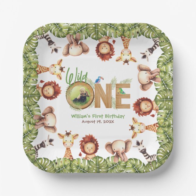 Safari Animals Wild One Photo First Birthday Wood Paper Plates (Front)