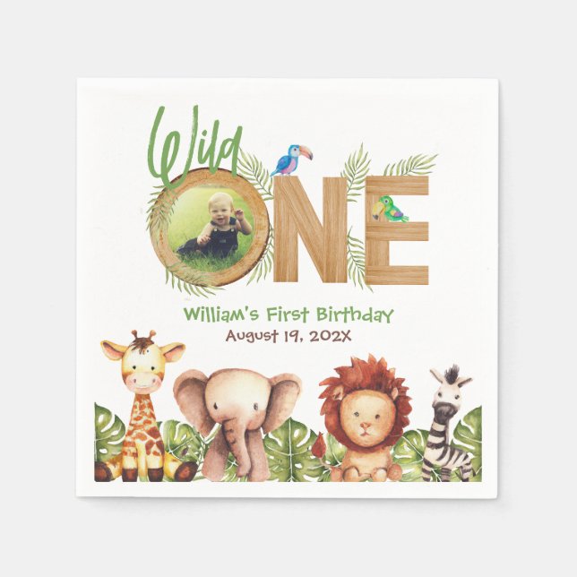 Safari Animals Wild One Photo Wood First Birthday  Napkins (Front)