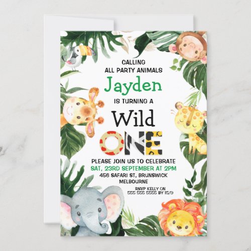 Safari Animals Wild One Safari Prints 1st Birthday Invitation