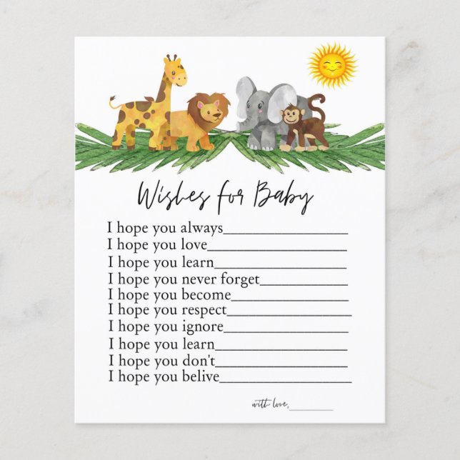 Safari Animals Wishes for Baby Shower Game (Front)