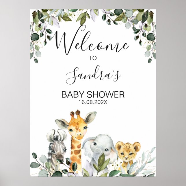 Safari Animals with Lion Baby Shower Welcome Sign (Front)