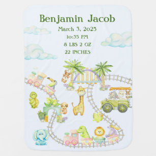 Safari Animals with Train & Birth Stats Baby Blanket