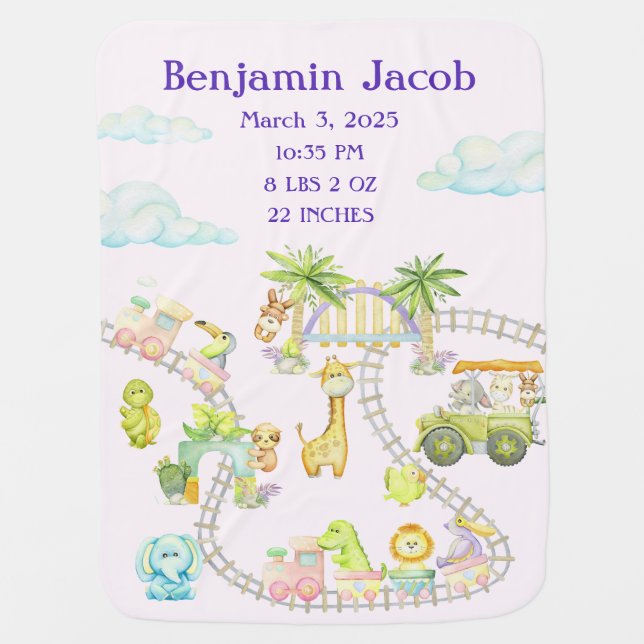 Safari Animals with Train & Birth Stats Baby Blanket (Front)