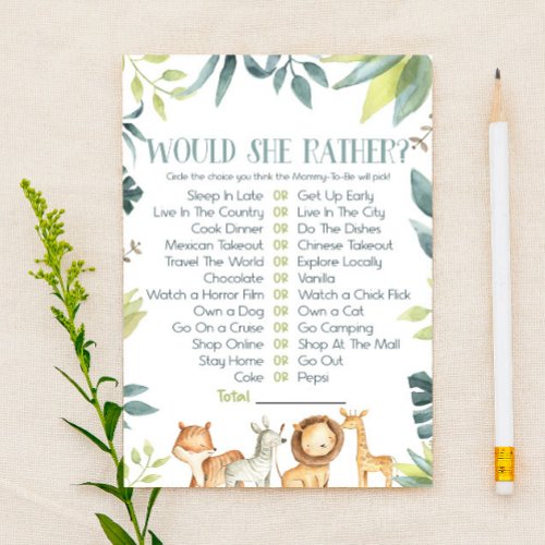 Safari Animals Would She Rather Baby Shower Game Stationery