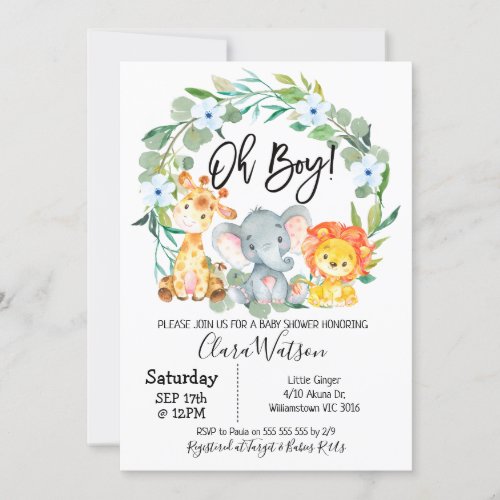 Safari Animals Wreath Baby Shower Invitation