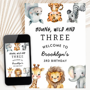Safari Animals Young Wild & 3 Boy Birthday Welcome Foam Board