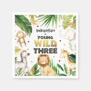 Safari Animals Young Wild And Three 3rd Birthday Napkins