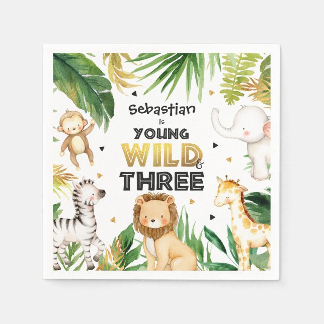 Safari Animals Young Wild And Three 3rd Birthday Napkins (Front)
