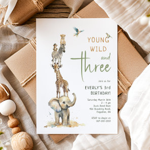 Safari Animals "Young Wild & Three" Kids Birthday Invitation