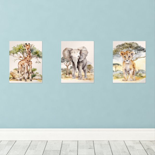 Safari Babies Giraffe Elephant Lion Nursery Wall Art Sets (Wood Floor)