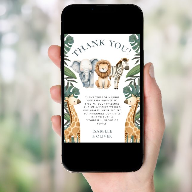 Safari Baby Animals and Greenery Thank You Card (Front Digital)