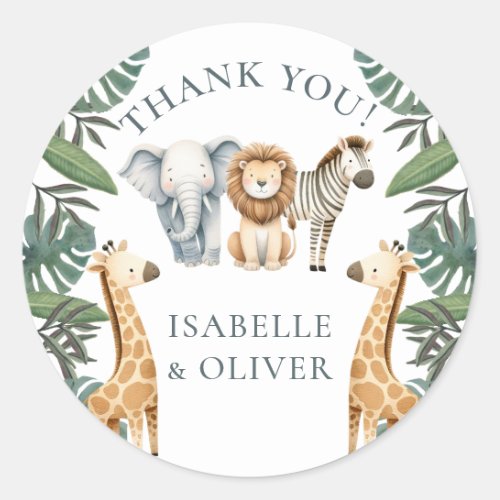 Safari Baby Animals and Greenery Thank You Classic Round Sticker
