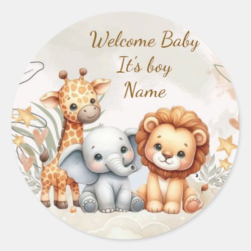 Safari Baby Animals Baby Boy Shower Seal Stickers"