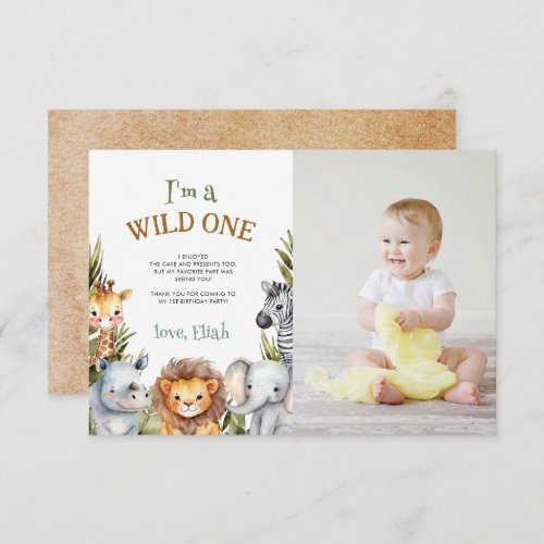 Safari Baby Animals First Birthday Thank You Card