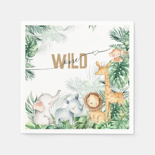 Safari Baby Animals Greenery 1st Birthday Napkins