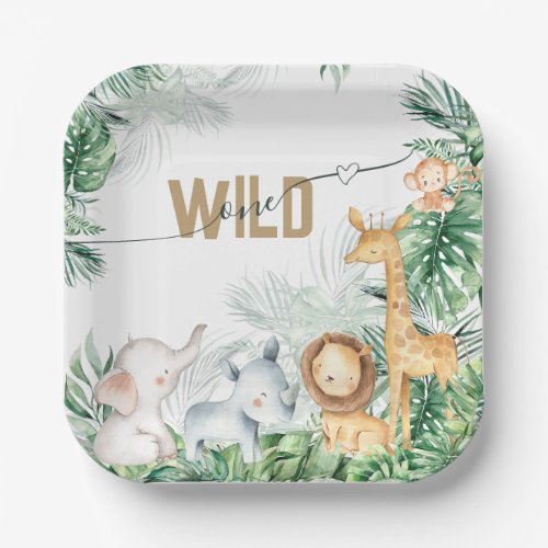 Safari Baby Animals Greenery 1st Birthday Paper Plates