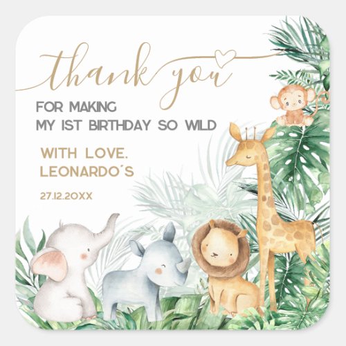Safari Baby Animals Greenery 1st Birthday Thank  Square Sticker