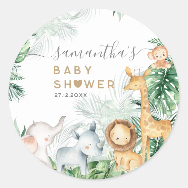 Safari Baby Animals Greenery Baby Shower Classic Round Sticker | Zazzle