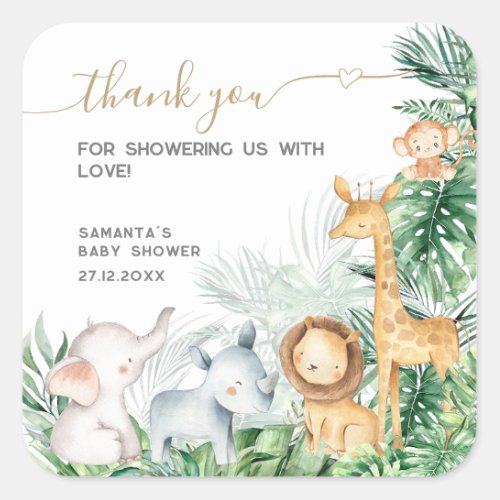 Safari Baby Animals Greenery Baby Shower Thanks Square Sticker