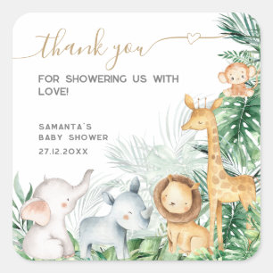 Safari Baby Animals Greenery Baby Shower Thanks Square Sticker