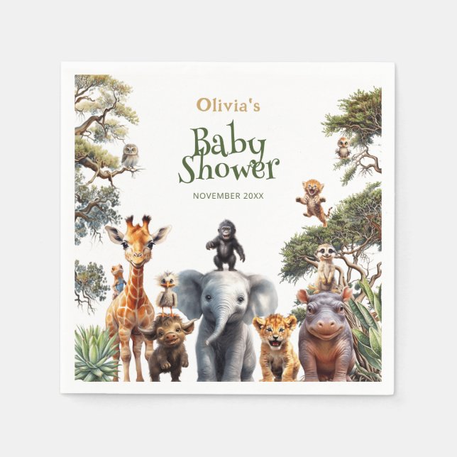 Safari Baby Animals Greenery Modern Baby Shower Napkins (Front)