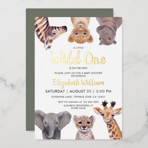 Safari Baby Animals Illustration Baby Shower Foil Invitation