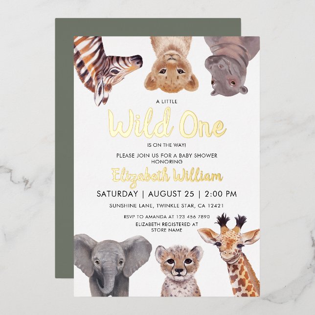 Safari Baby Animals Illustration Baby Shower Foil Invitation (Front/Back)