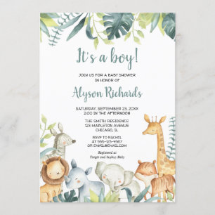 Safari baby animals It's a Boy greenery shower Invitation