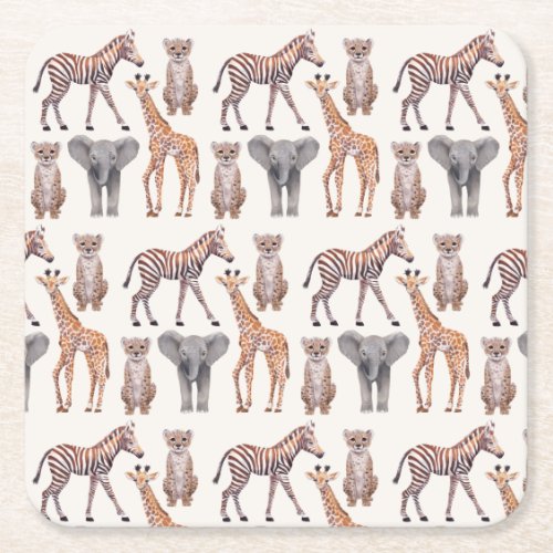 Safari Baby Animals Pattern Square Paper Coaster