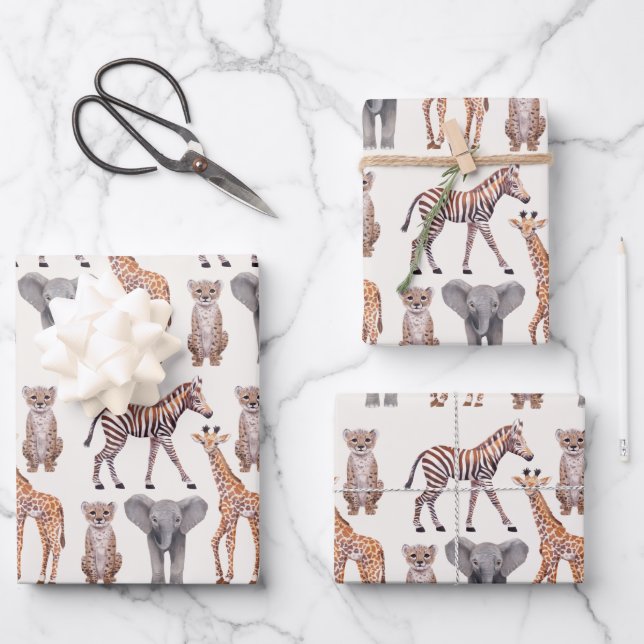 Safari Baby Animals Pattern  Wrapping Paper Sheets (Front)