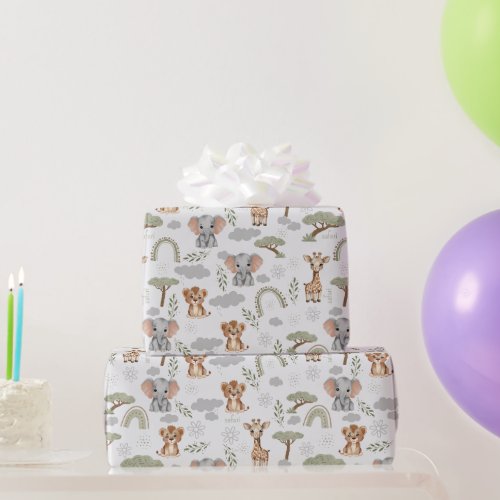 Safari Baby Animals Rainbows Baby Shower Wrapping Paper