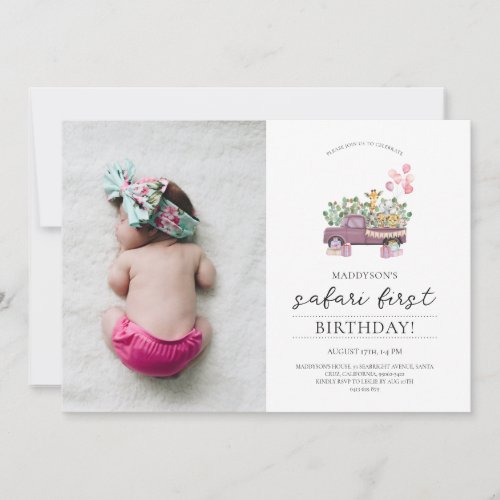 Safari Baby Animals Truck 1st Birthday Party Photo Invitation