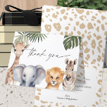 Safari Baby Animals Wild One Baby Boy Shower Thank You Card<br><div class="desc">Introducing PixeliDesigns' "Safari Baby Animals Baby Boy Shower Thank You Card, " the perfect way to express your gratitude after a memorable baby shower. Designed with a charming "Wild One Safari Animals" theme, this 4 x 5.6 inches folded card features adorable watercolor illustrations of a giraffe, an elephant, a lion,...</div>