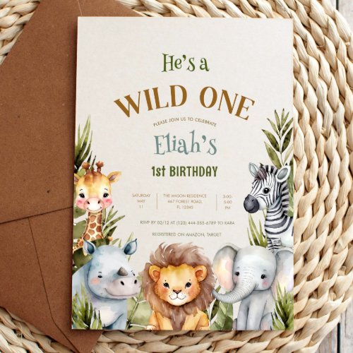 Safari Baby Animals Wild One First Birthday Invitation
