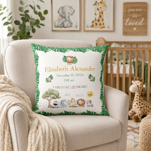 Safari Baby Birth Stats Nursery  Throw Pillow
