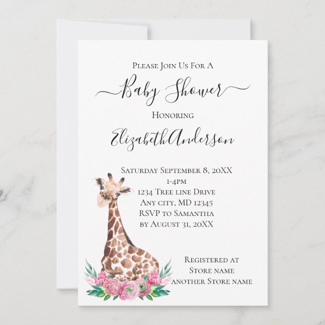 Safari Baby Giraffe with Pink Flowers Invitation (Front)