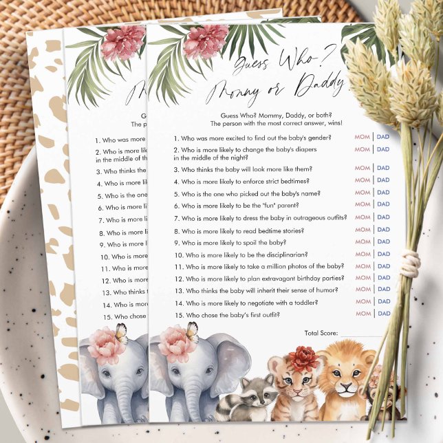 Safari Baby Girl Shower Guess Who mommy or daddy  (Safari Animals, baby Girl Shower game, Guess Who, Mommy or Daddy?)