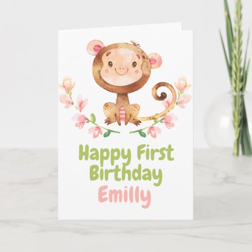 Safari Baby Monkey Girl Happy 1st Birthday Card