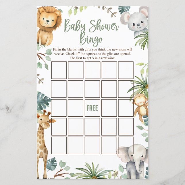 Safari Baby Shower Bingo Cards (Front)