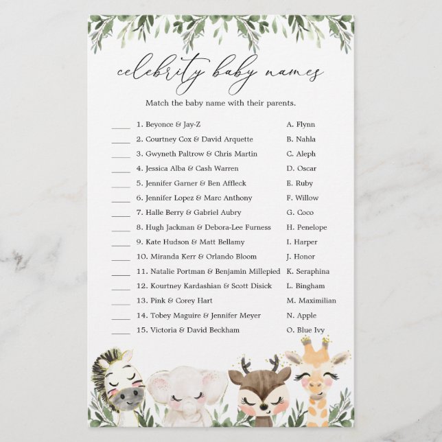 Safari Baby Shower Celebrity Baby Names Game (Front)