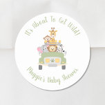 Safari Baby Shower Classic Round Sticker<br><div class="desc">Cute stickers for your safari-themed baby shower featuring an illustration of baby animals (lion,  zebra,  elephant,  giraffe and monkey) piled into a safari vehicle and "It's About To Get Wild!" and the name of the mother-to-be in a jungle green script.</div>