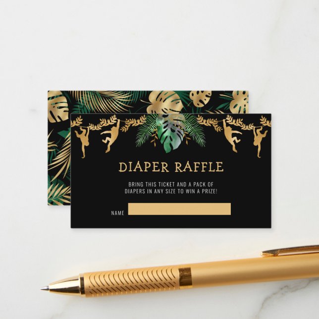 Safari Baby Shower Diaper Raffle Green Gold Black Enclosure Card (Front/Back In Situ)