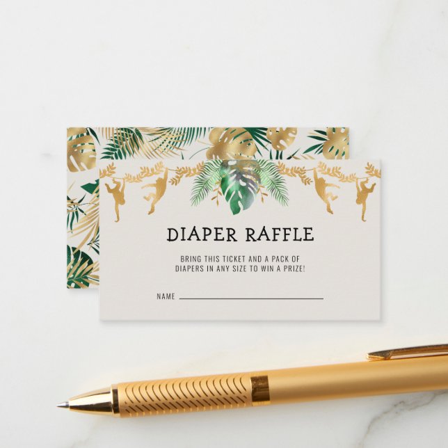 Safari Baby Shower Diaper Raffle Green Gold Ecru Enclosure Card (Front/Back In Situ)